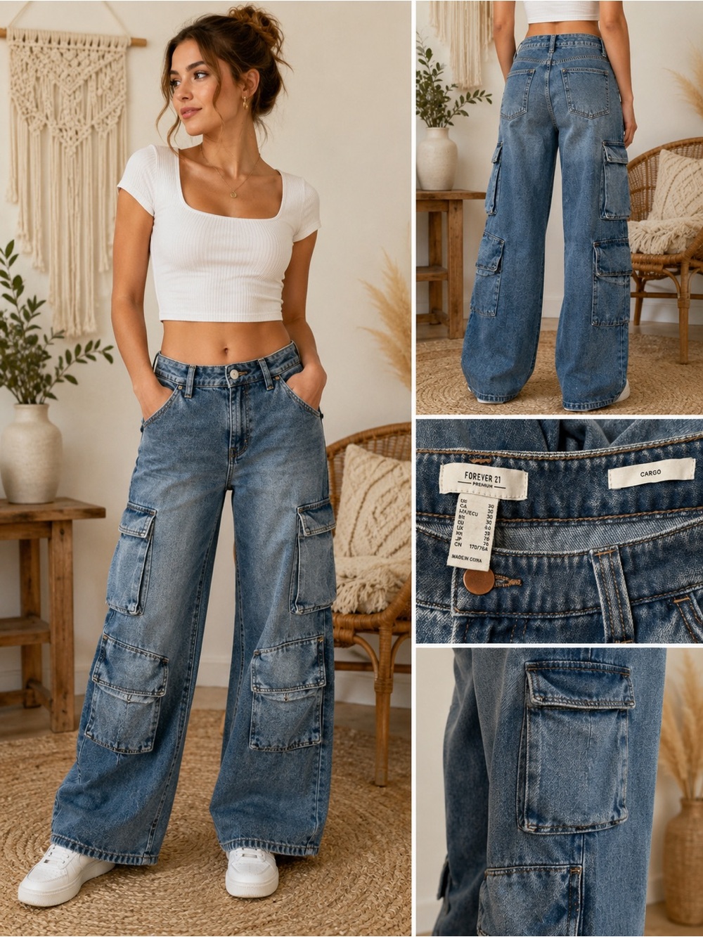Forever 21 Blue Cargo Wide-Leg Jeans for Women Size 30